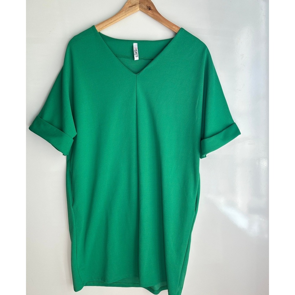 2 Hearts Shift Dress Green Dolman Sleeve Made in USA Medium Office Chic - Picture 2 of 9